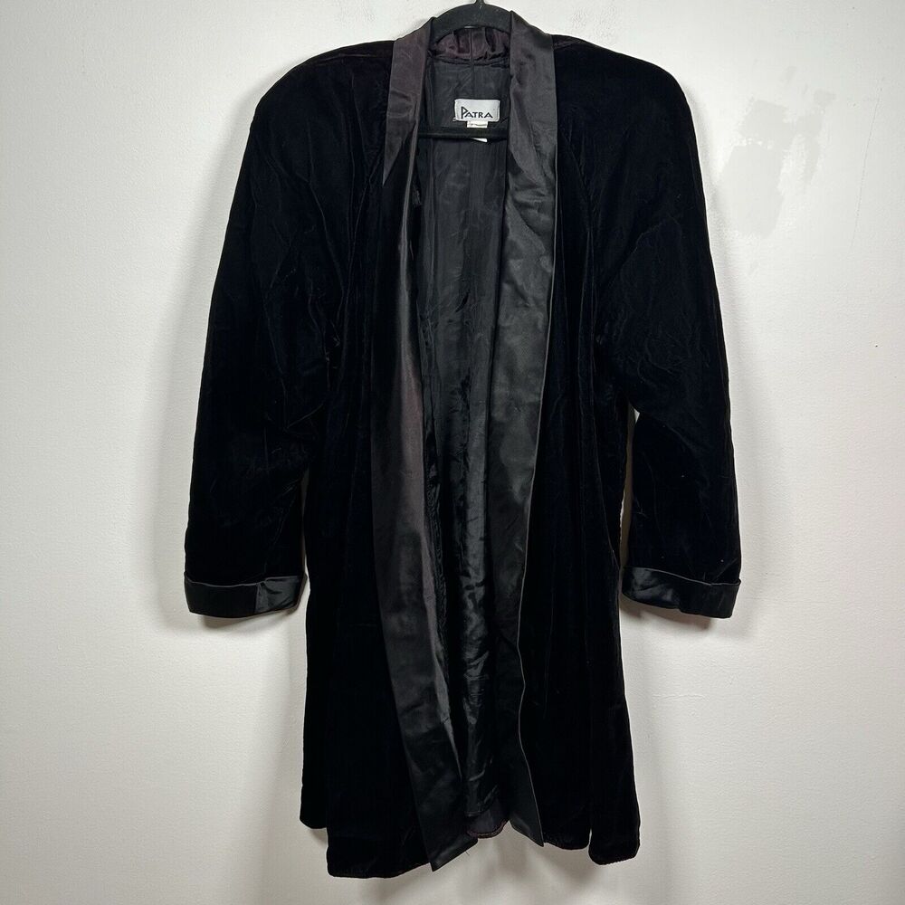 VTG Patra Black Velvet Long Open Front Evening Jacket Satin Lapel Womens Size XL